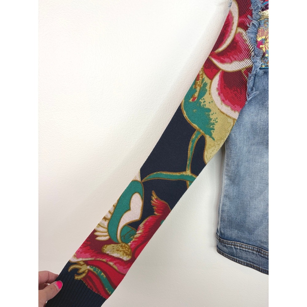 Desigual Denim Ethnic Deluxe Jacket Knit Floral Sleeves Sequin Embroidered EU 40 - Picture 3 of 9